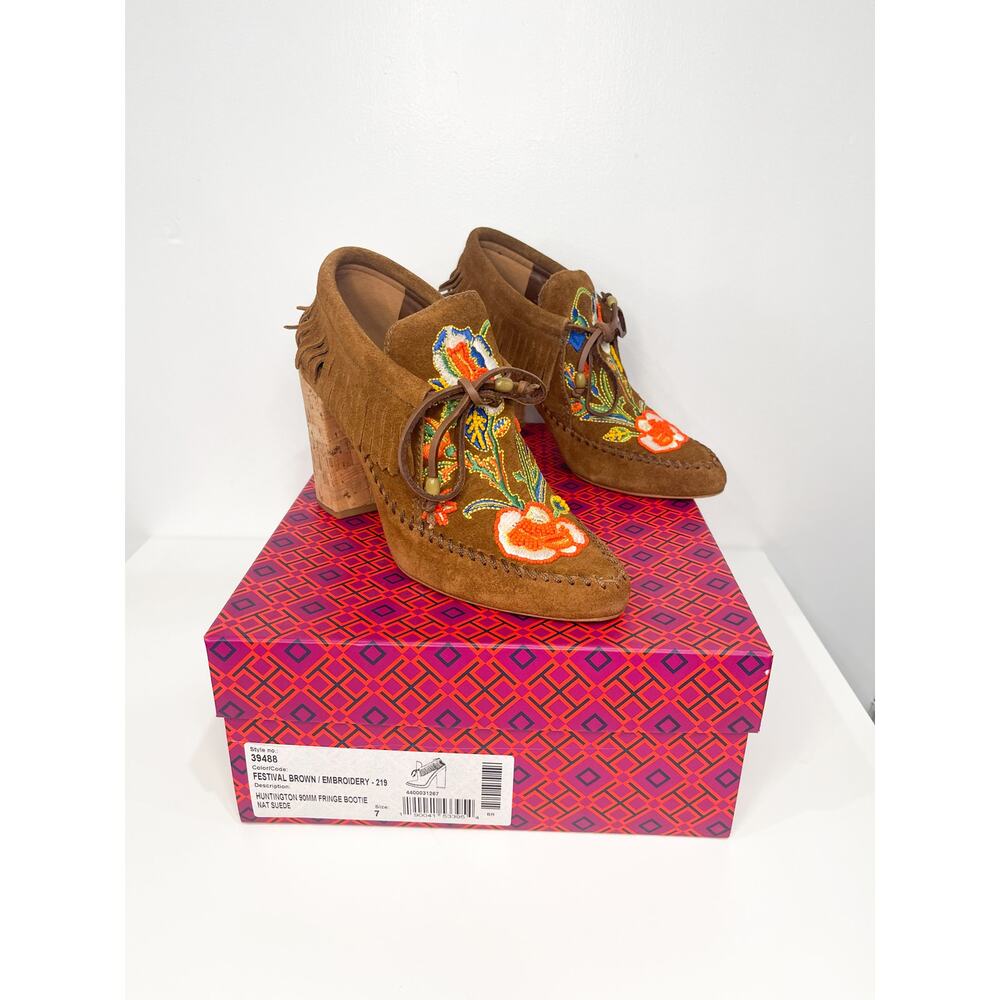 Tory Burch Huntington Moccasins Suede Fringe Boho Brown Embroidered Boots 7